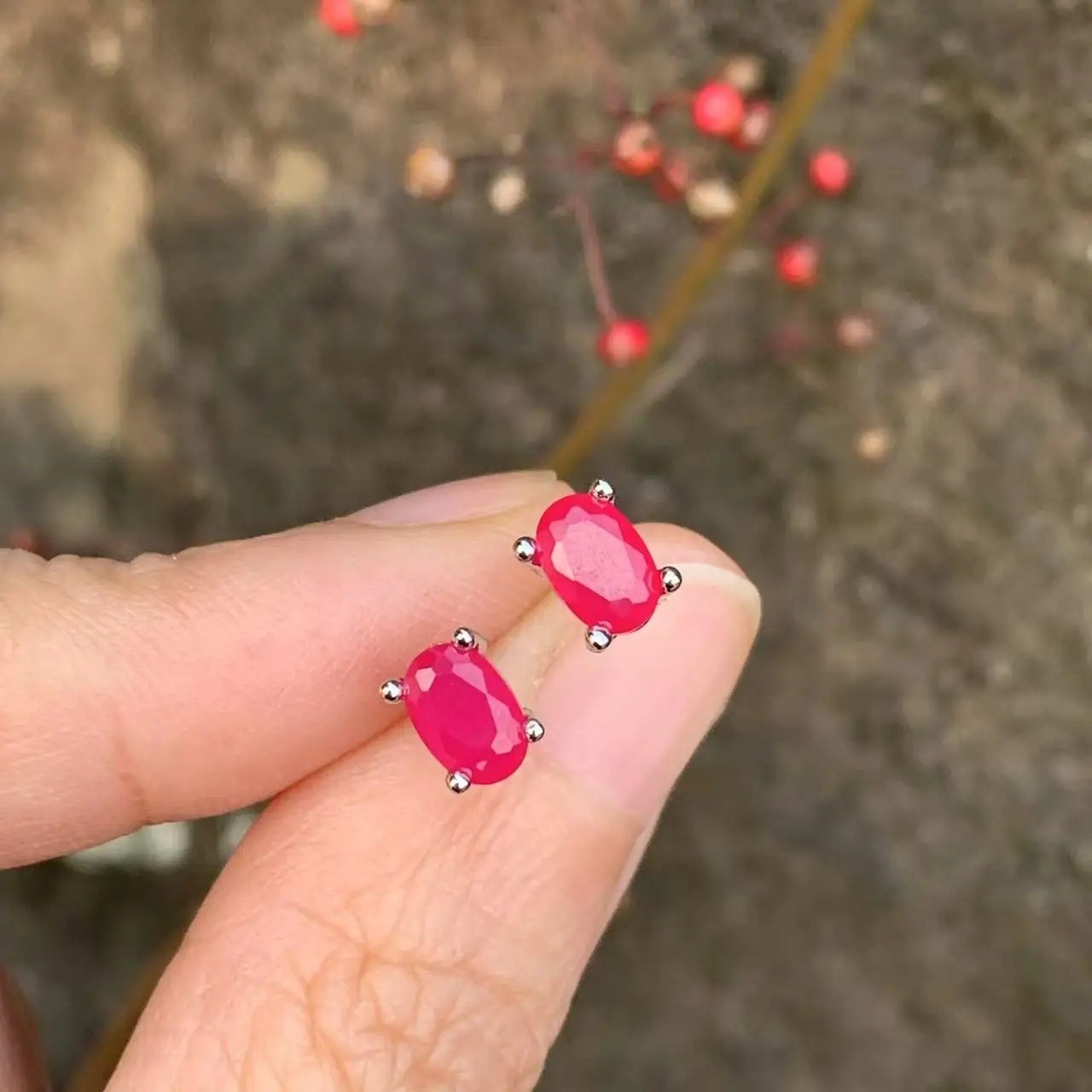 Oval Natural Ruby Earrings Women 925 Sterling Silver Stud Earring Party Jewelry