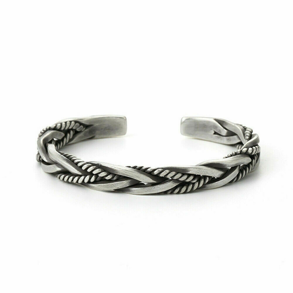 925 Sterling Silver Thai Handmade Vintage Open Bangle Twisted Cuff Men Bracelet