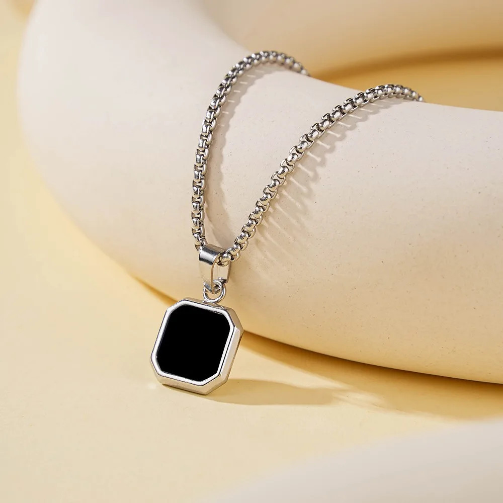 Square Pendant Necklace Stylish Black Geometric Pendant Stainless Steel Necklace