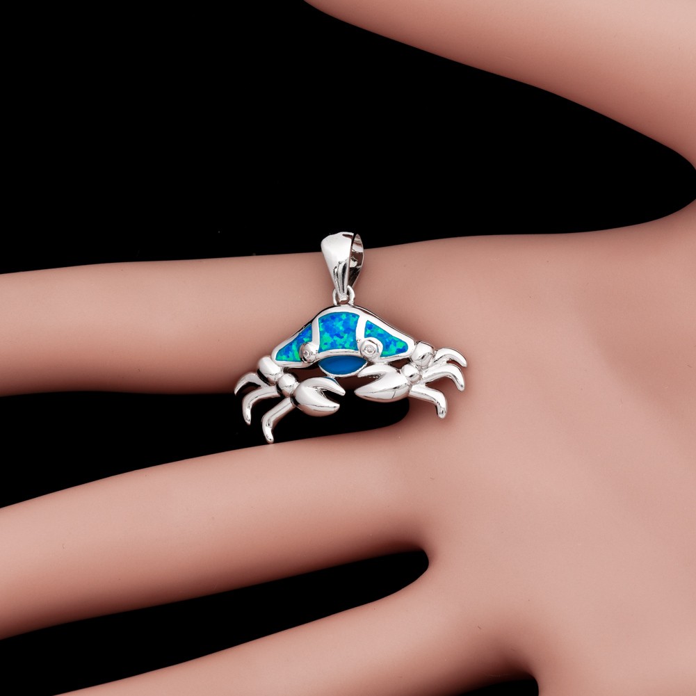 Beach Crab Ocean Blue Fire Opal Holiday Silver Jewelry Women Necklace Pendant