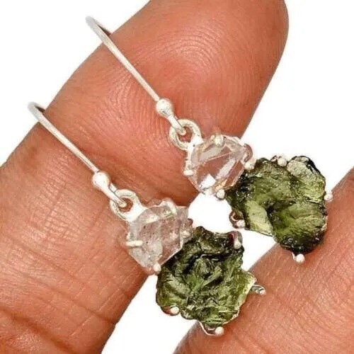 Czech Republic Moldavite Herkimer Diamond Gemstone 925 Sterling Silver Earrings
