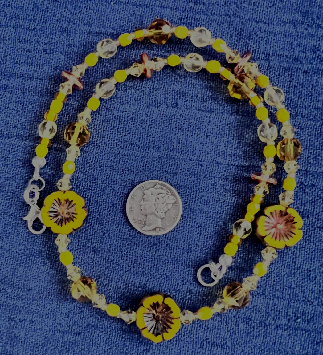 Beaded Necklace 17 Inches Czech Glass Hibiscus Flowers Dark Mustard