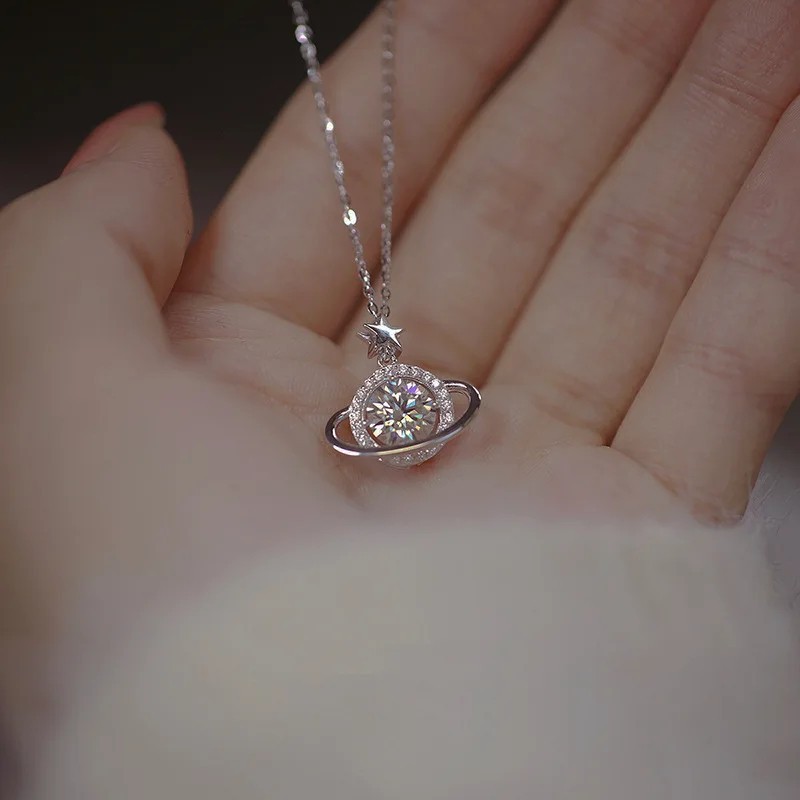925 Sterling Silver Planet Necklace Women Pendant Choker Birthday Gift