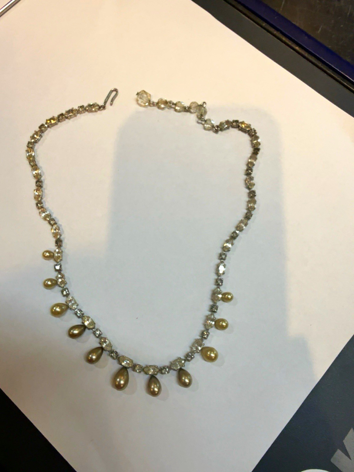 Vintage Crystal & Imitation Pearl Teardrop Dangle Necklace Silver Tone 17 “