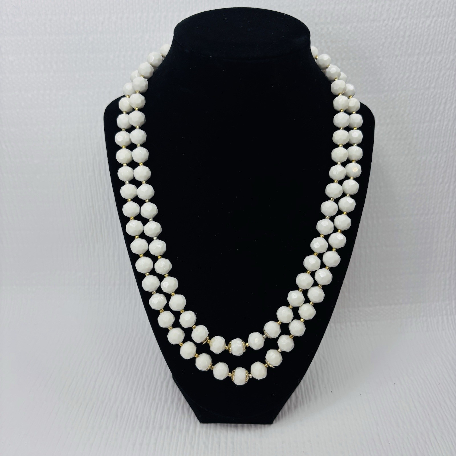 Vintage 2 Strand Necklace White Faceted Beads J Hook 22″ Hing Kong D364