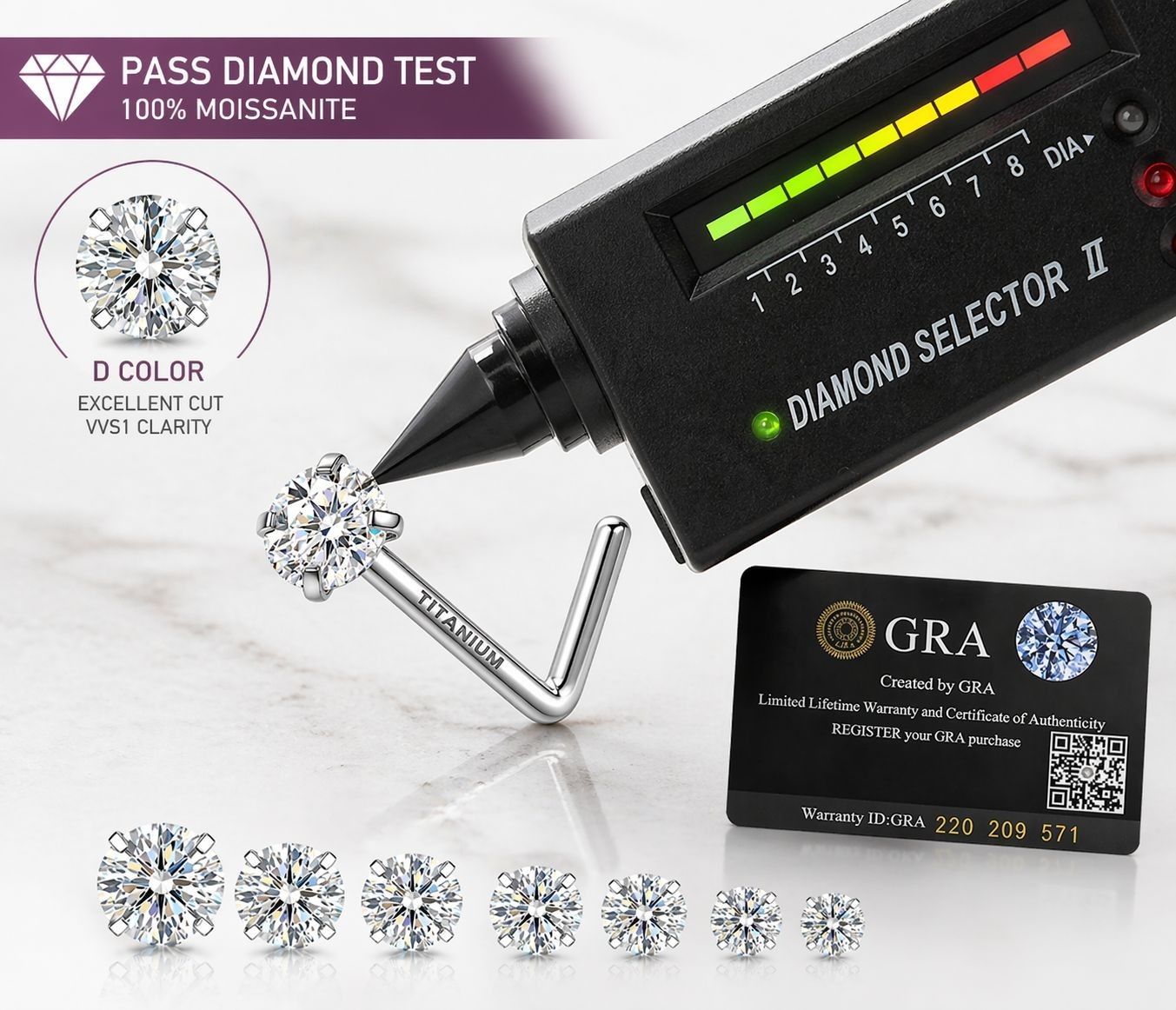 Moissanite Stone Titanium Nose Stud/Ring Piercing 18 Gauge passes Diamond Tester
