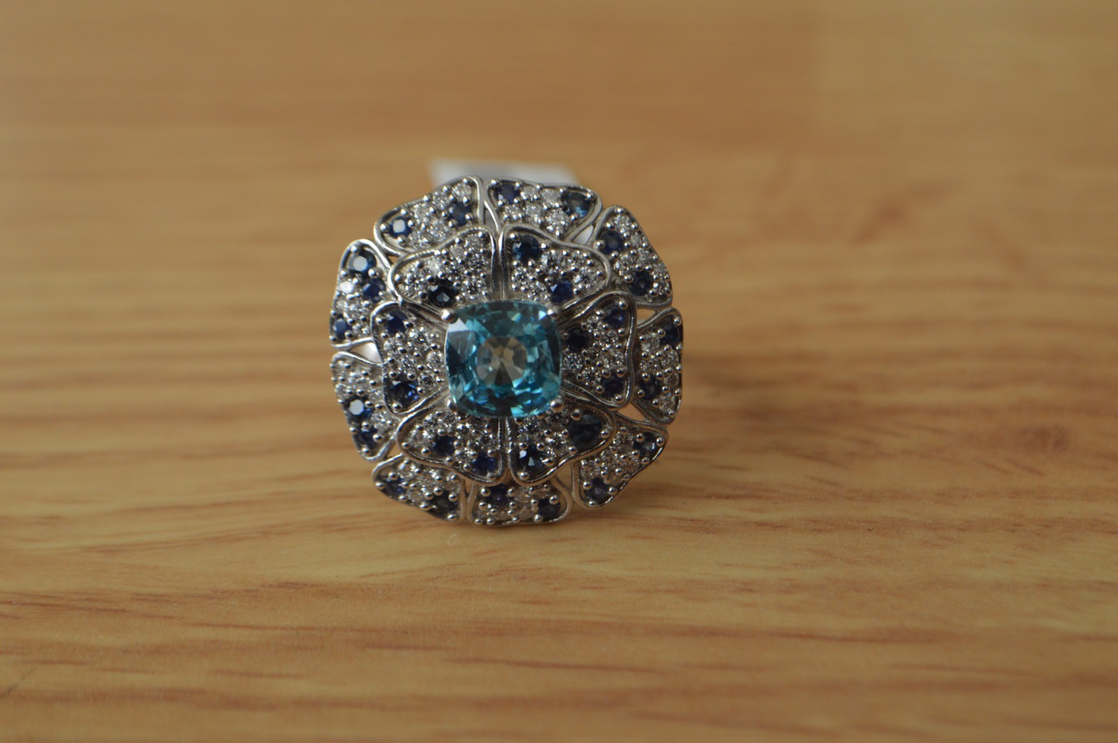 4.10ct Cambodian Blue Zircon /Multigem Ring Rhodium Plated over Fine Silver Sz 9