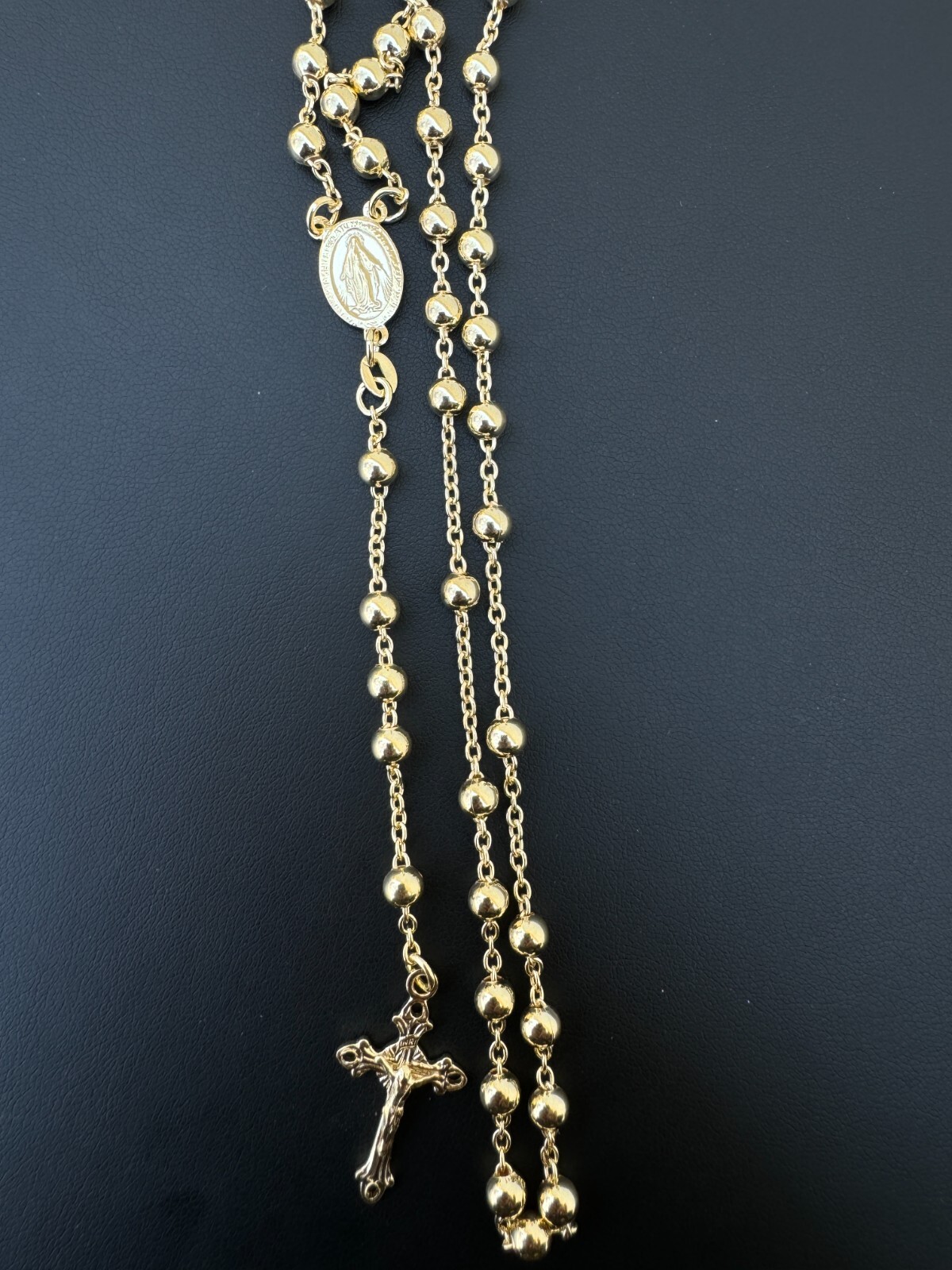 Men’s 30″ Long Rosary Beads Necklace 14k Gold Over 925 Silver Rosario ITALY 5mm