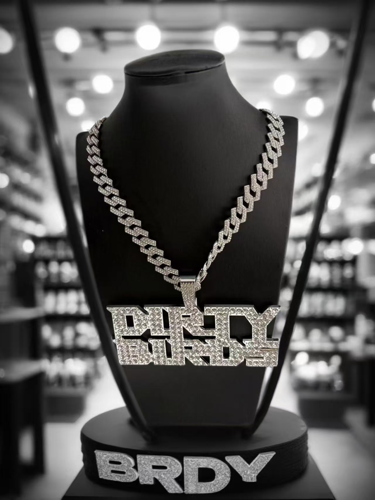 HipHop Iced DIRTY BIRDS Letter Pendant Necklace Crystal CZ Chain Fashion Jewelry