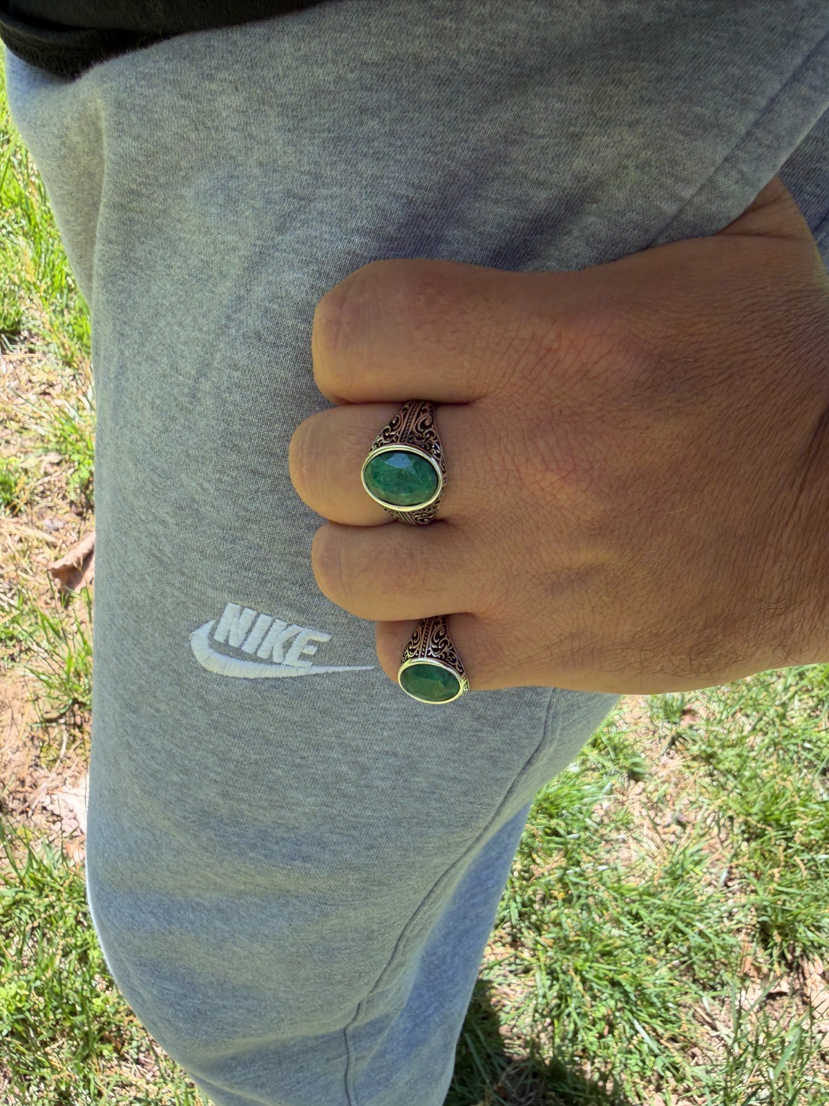 Real Columbian Green Emerald Stone Mens Solid 925 Silver Ring – Oxidized Vintage