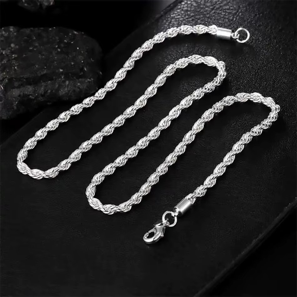 4mm Diamond Cut Solid 925 Sterling Silver Italian Rope Chain Men’s Necklace