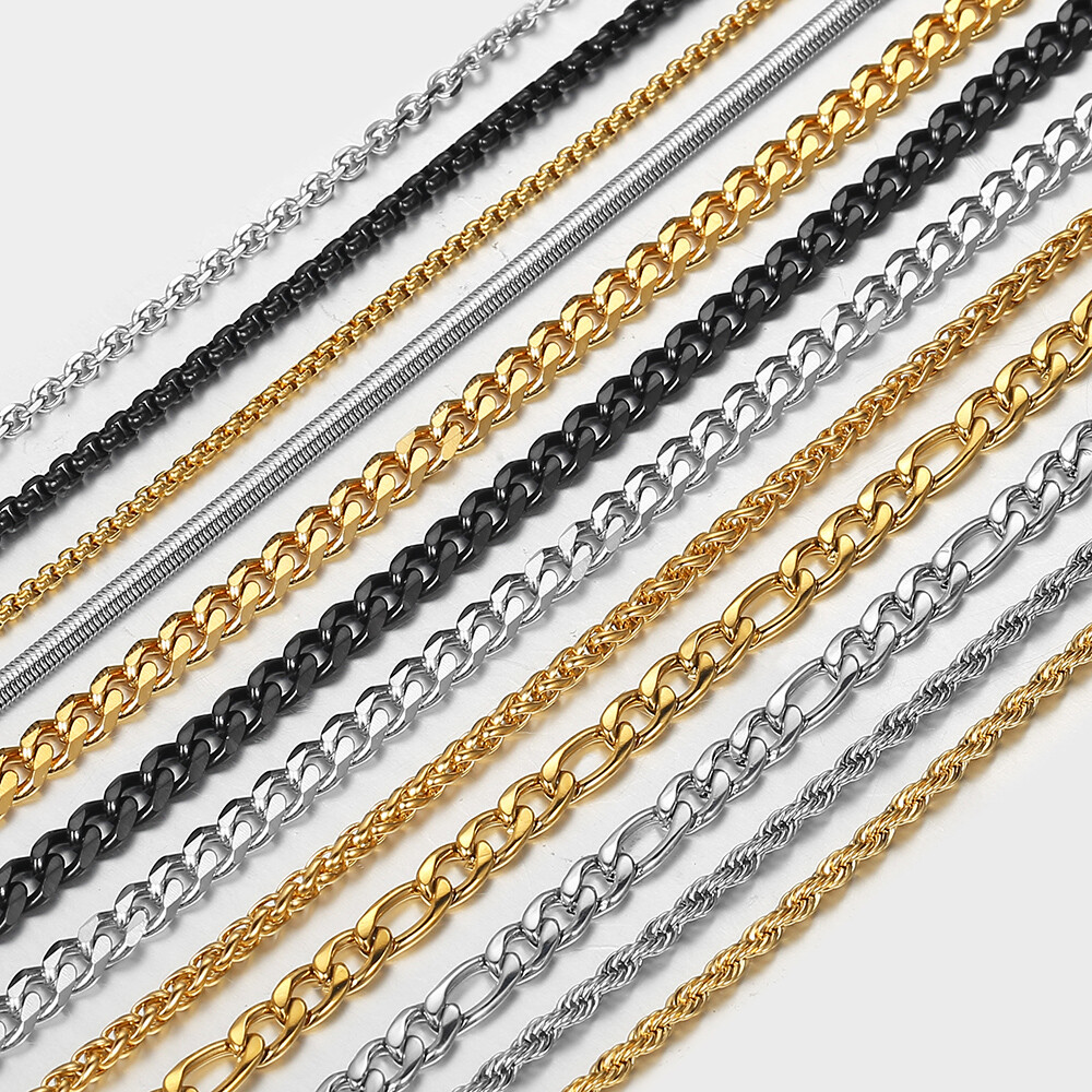 2-5mm Curb Figaro Rope Necklace Stainless Steel Silver/Black/Gold Plated Chain