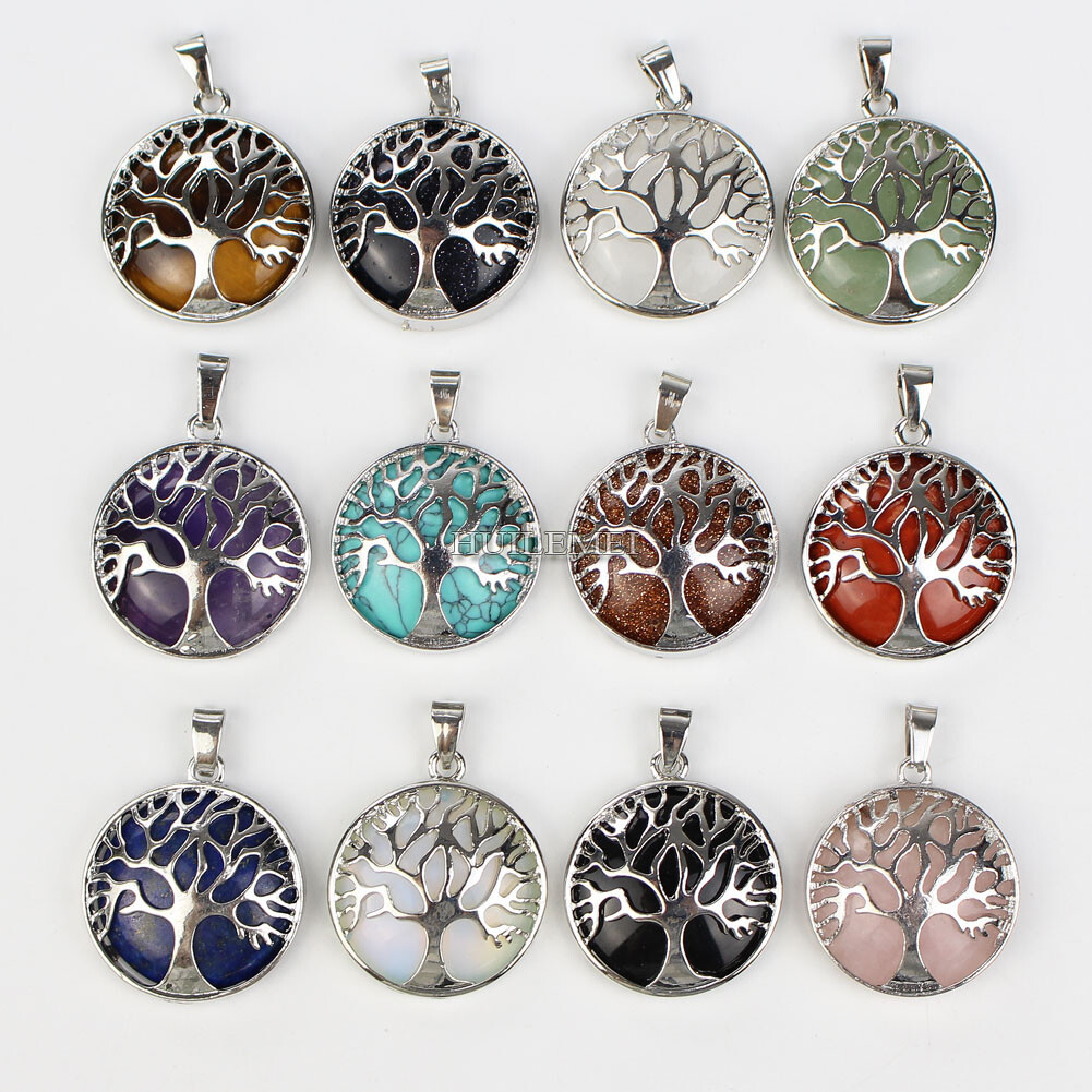 12pcs Natural Stone Crystal Quartz Tree of Life Pendants Reiki Healing Amulet