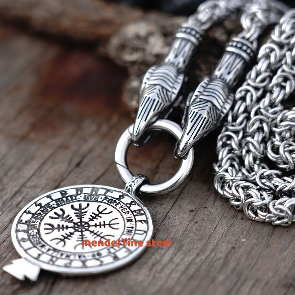 MENDEL Stainless Steel Mens Norse Viking Raven Vegvisir Pendant Necklace For Men
