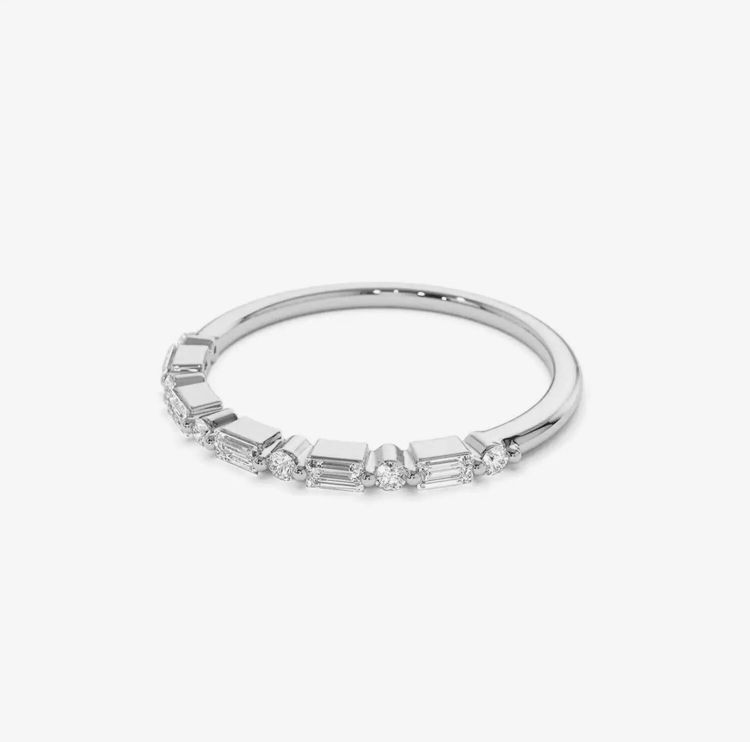 0.44 Ct Natural Round & Baguette Cut Diamond Wedding Band Ring 14K White Gold