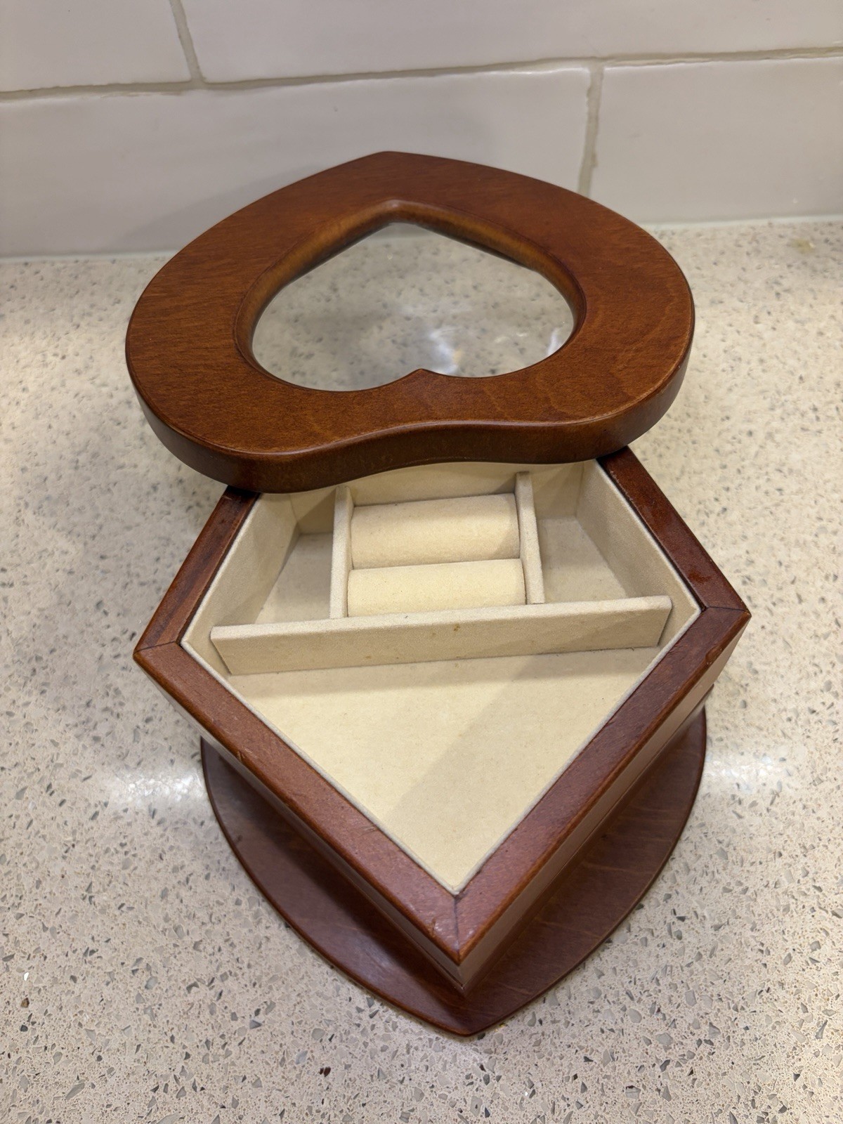 Heart Shaped Wooden Jewelry Box w/ Glass Lid, Velvet Lined Interior