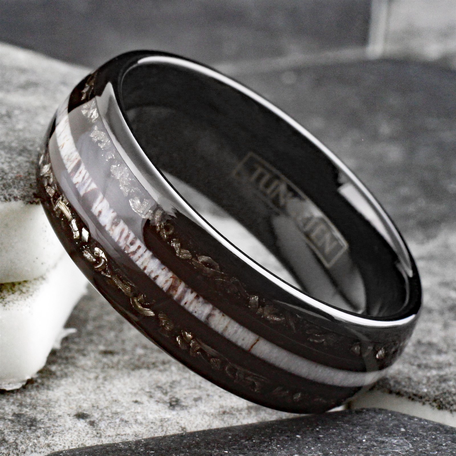 Black Tungsten Carbide Men’s Ring w/ Deer Antler & Meteorite Wedding Band