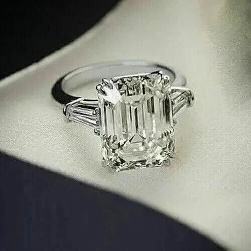 4Ct Emerald Cut Lab Created Diamond Engagement Ring 14k White Gold Plated