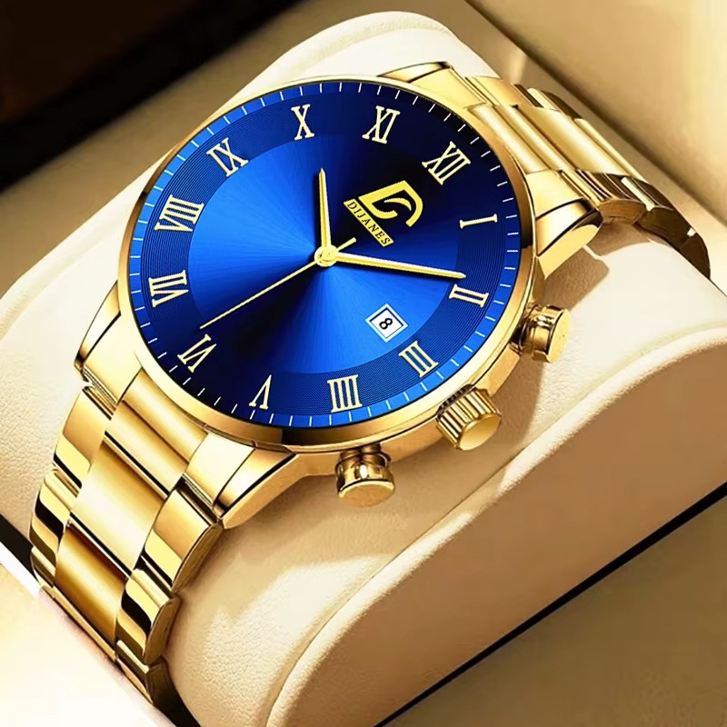 Luxury Minimalist Men’s Gold Stainless Steel Quartz Watch with Calendar