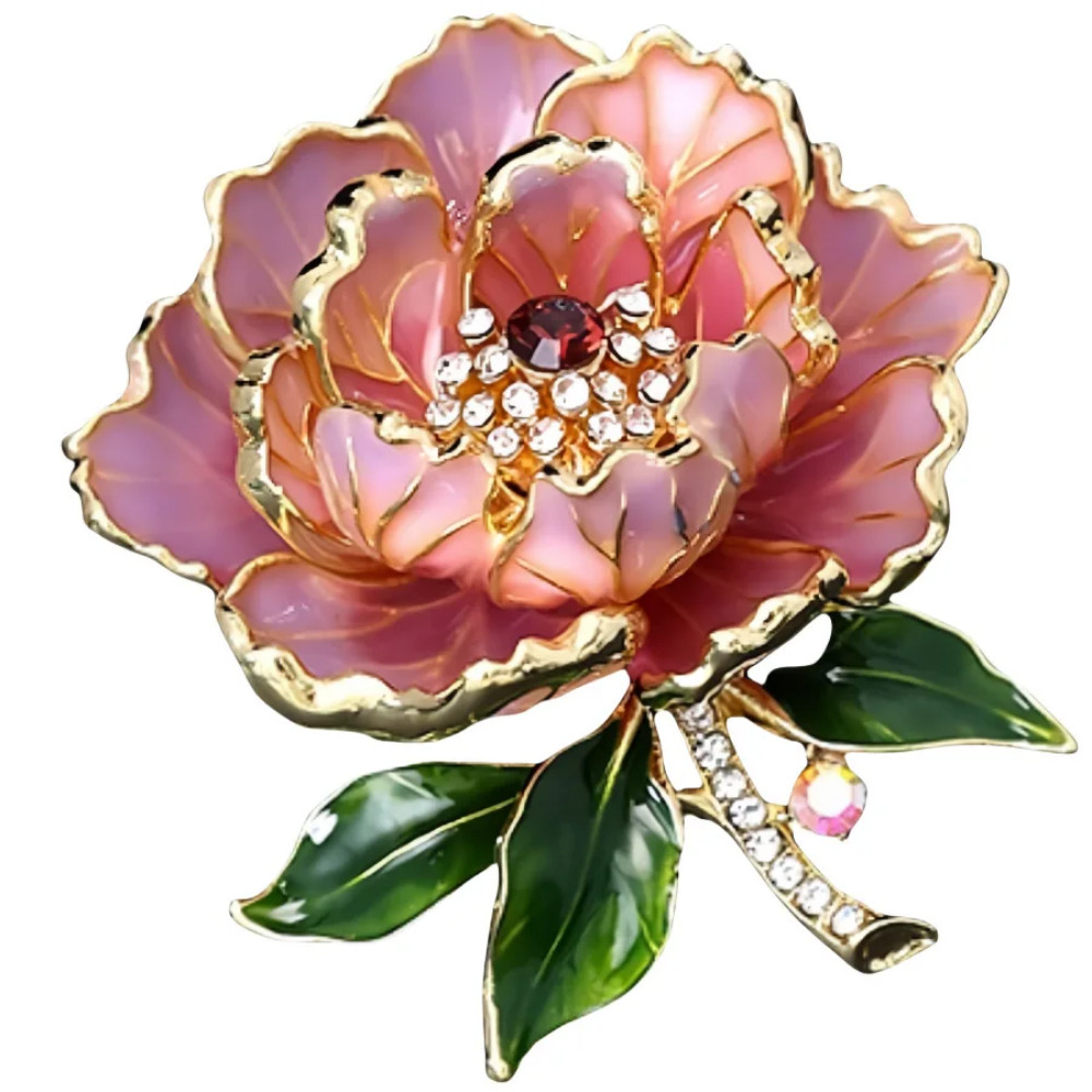 Gold Pink Peony Crystal Flower Brooch Enamel Rhinestone Pin Summer Jewelry Gift
