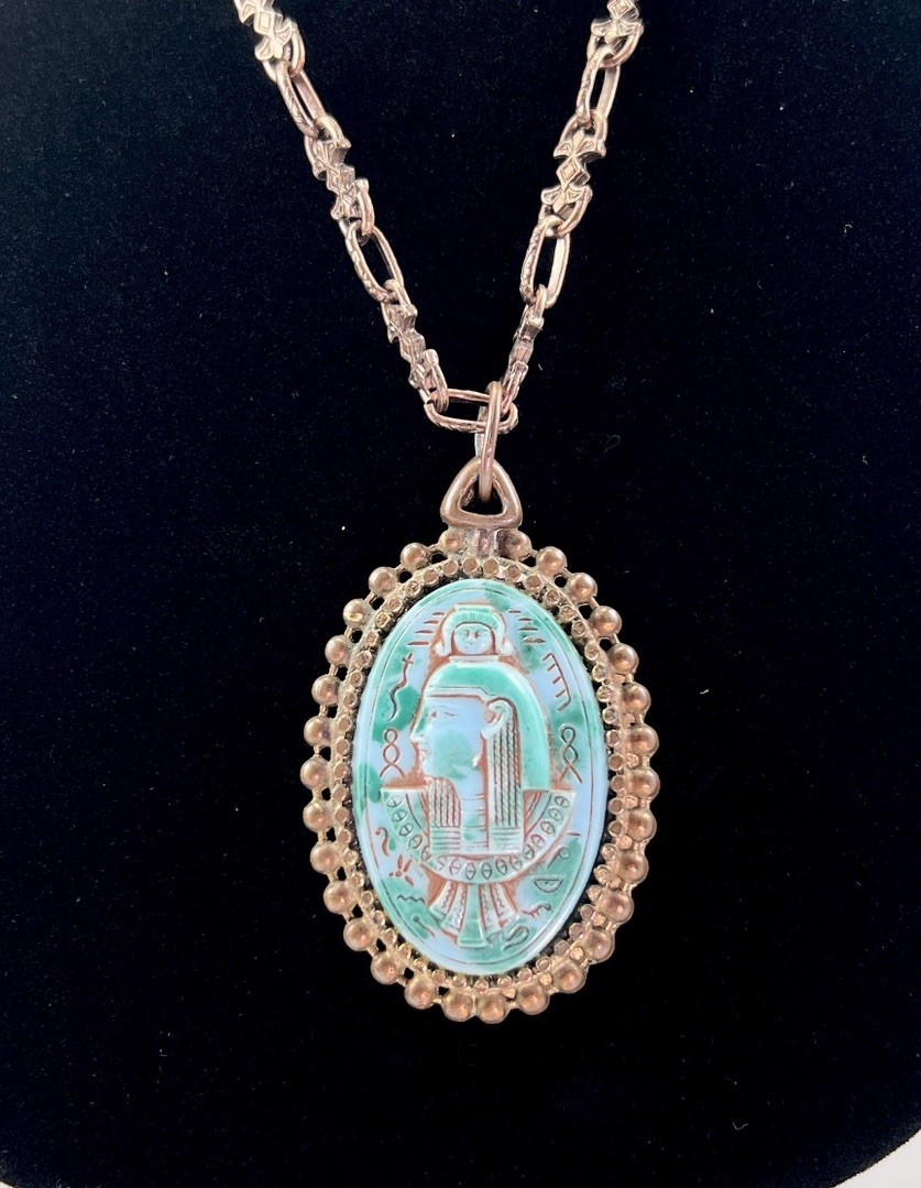 Antique Egyptian Revival Pendant Necklace Neiger Bros? Pharaoh Czech Art Glass