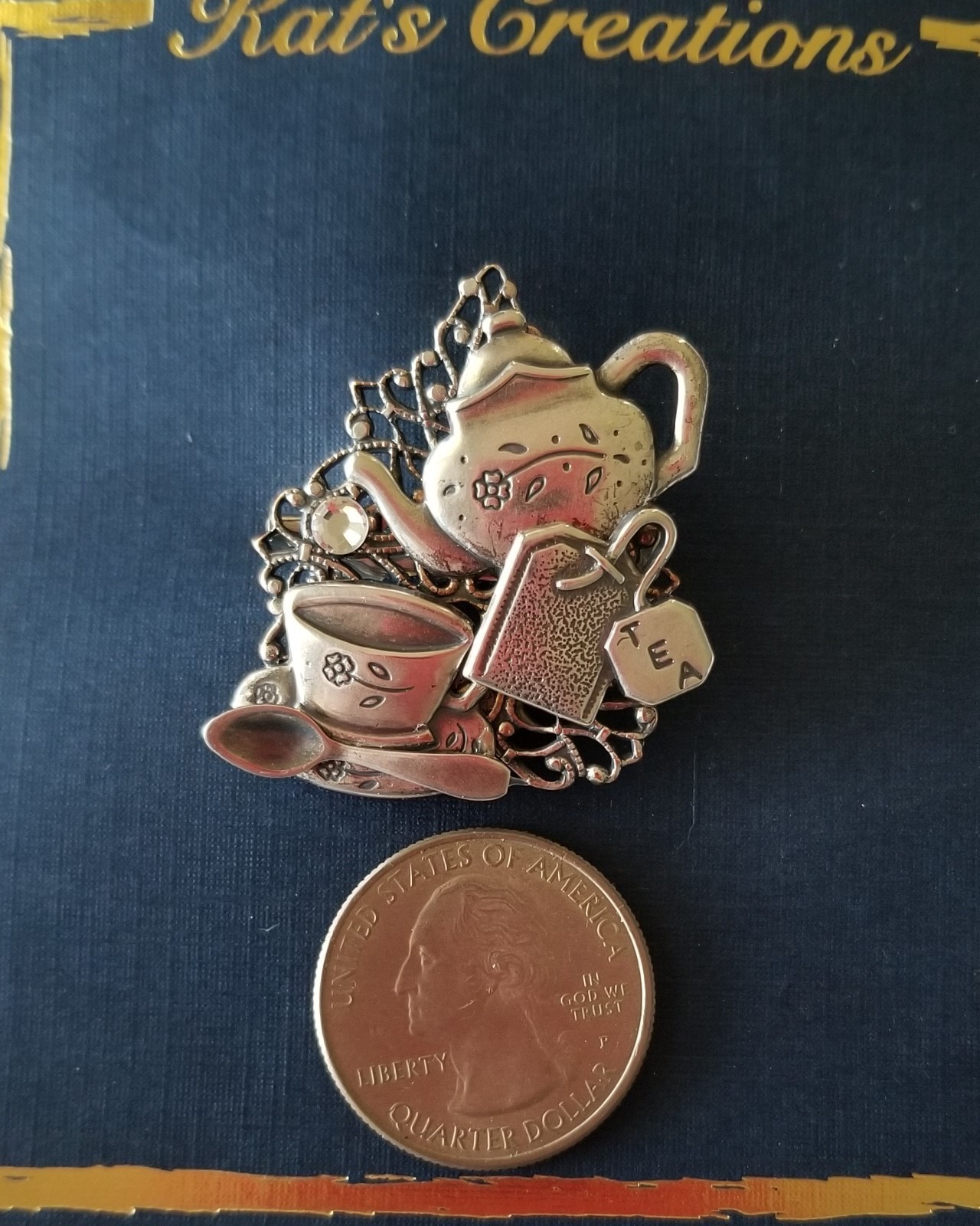New ~ Kat’s Creations Sliver Plate & Rhinestone Tea Set Pin Brooch