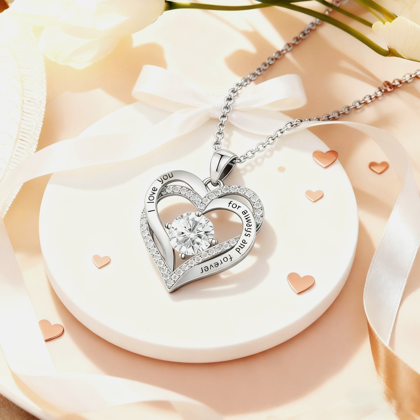 925 Sterling Silver CZ Birthstone Heart Pendant Necklace Forever Love Gift