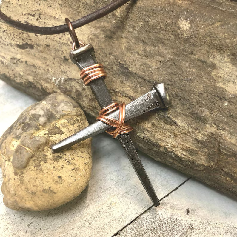 Rustic Steel Nail Silver Cross Pendant – Handmade Christian Necklace for Men