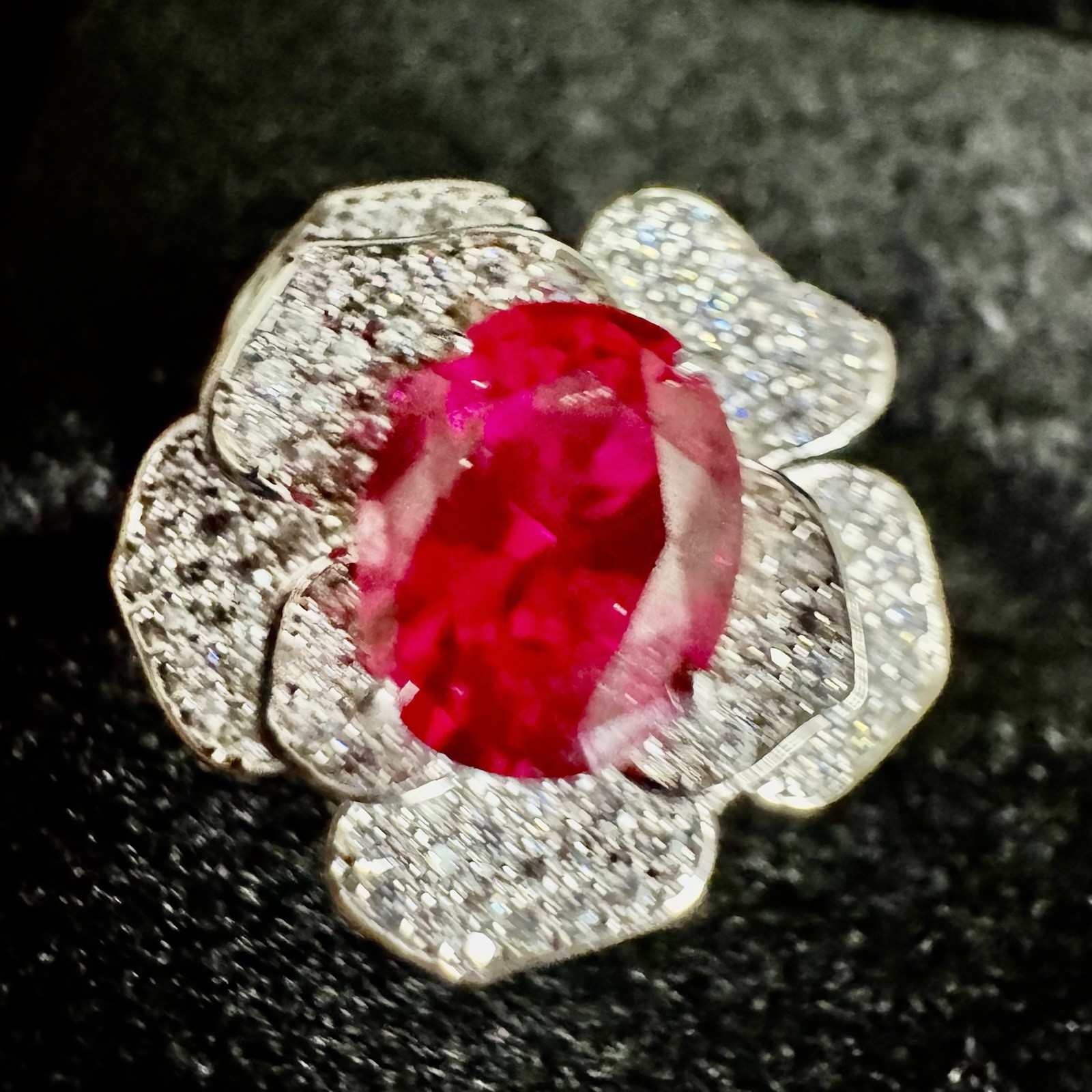Platinum Plated Adjustable 2 ct Moissanite Pink Flower Ring Vintage Inspired