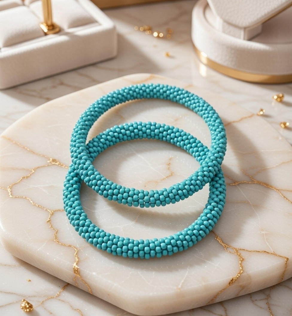 Set of 2 Handmade Glass Seed Bead Crochet Bracelets Solid Color Boho Nepal Bangl