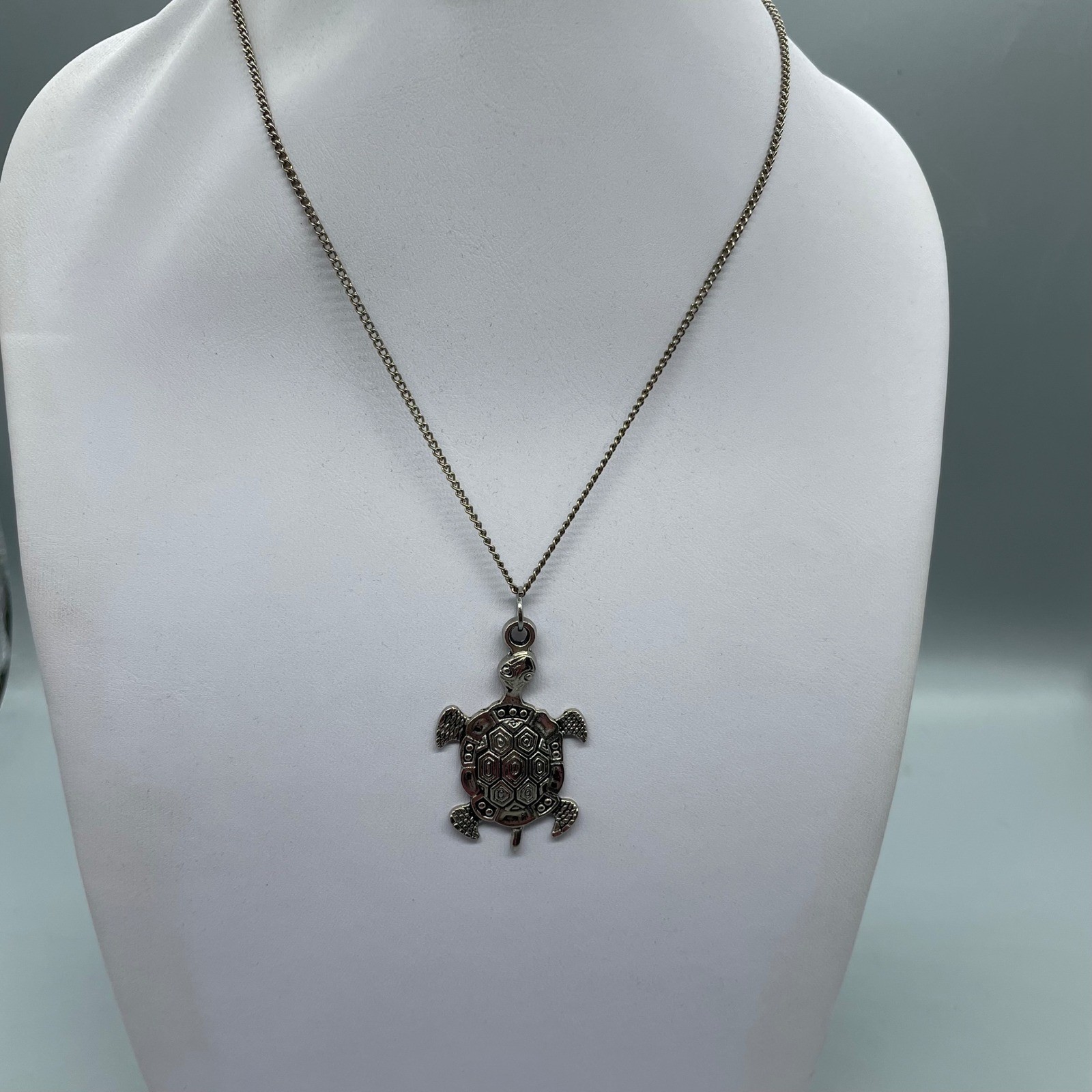 Silver Tone Sea Turtle Pendant Necklace 18 Inch Chain Coastal Boho Jewelry