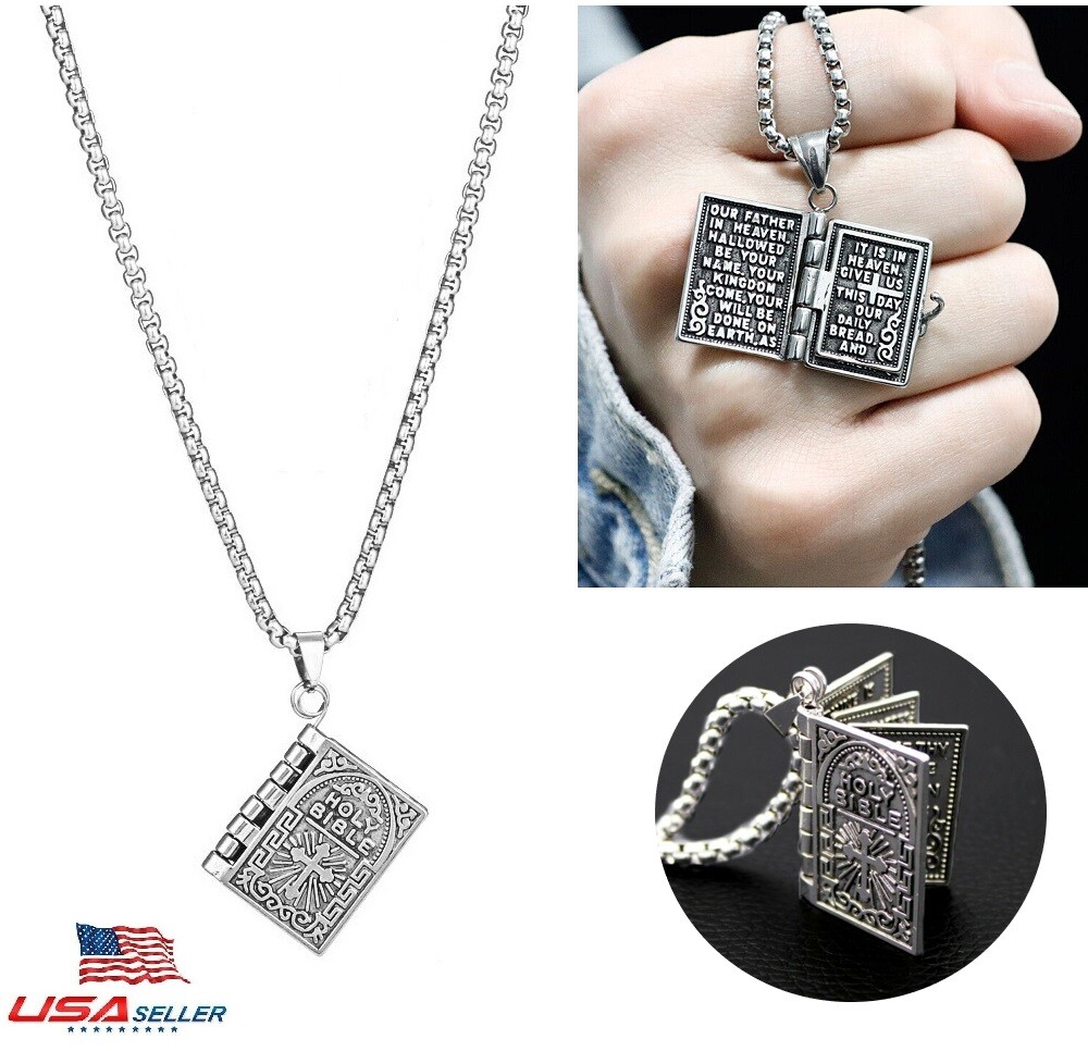 2PCS Lord’s Prayer Holy Bible Open Pages Locket Pendant Necklace 925 Silver USA