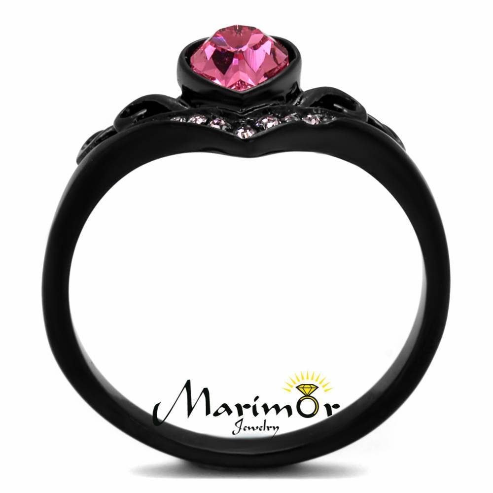 Women’s Round Cut Pink Crystal Black Stainless Steel Heart Fashion Ring Sz 5-10
