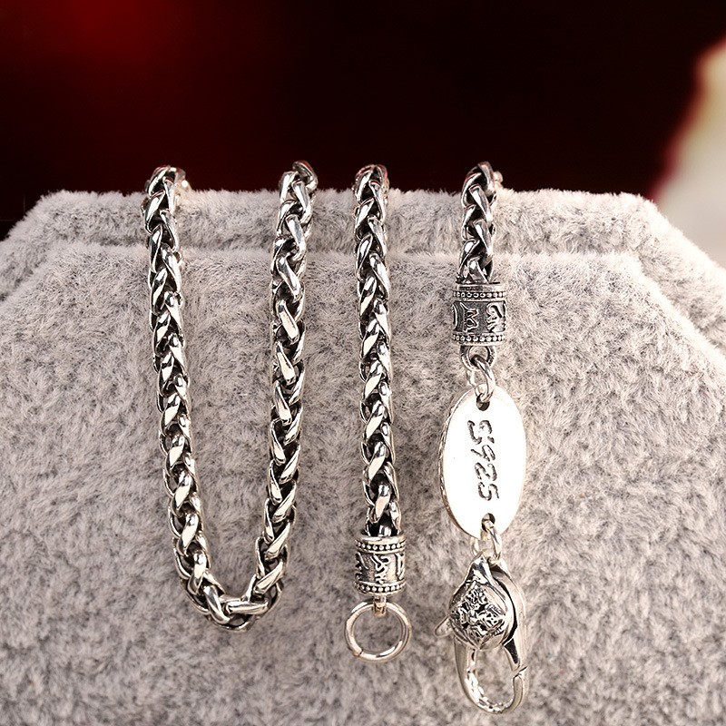Men’s Thai Sterling Silver Spiga/Wheat Chain, 925, Reversible Lotus Tag Necklace