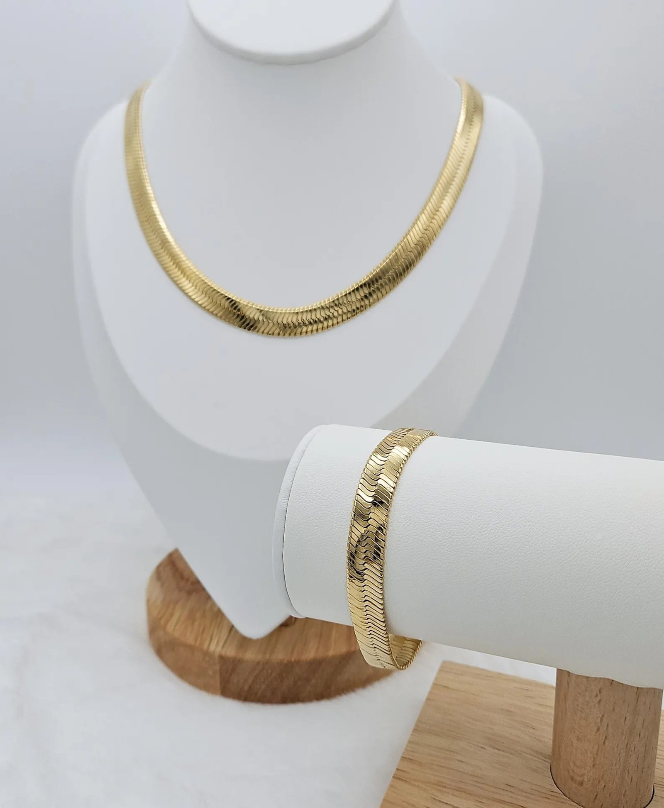Gold 9mm Herringbone Necklace & Bracelet Set, 14k Heavy Plated