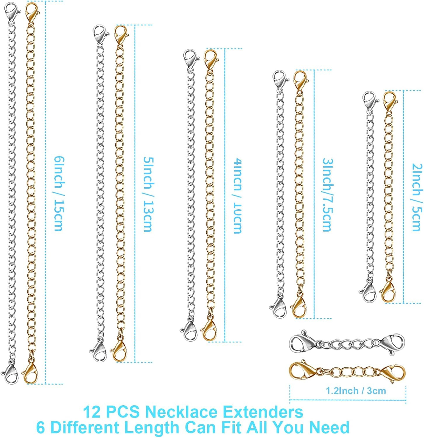 12 Pcs Extender /Safety Chain Extender Necklace Bracelet Lobster lock 1″ To 6″..