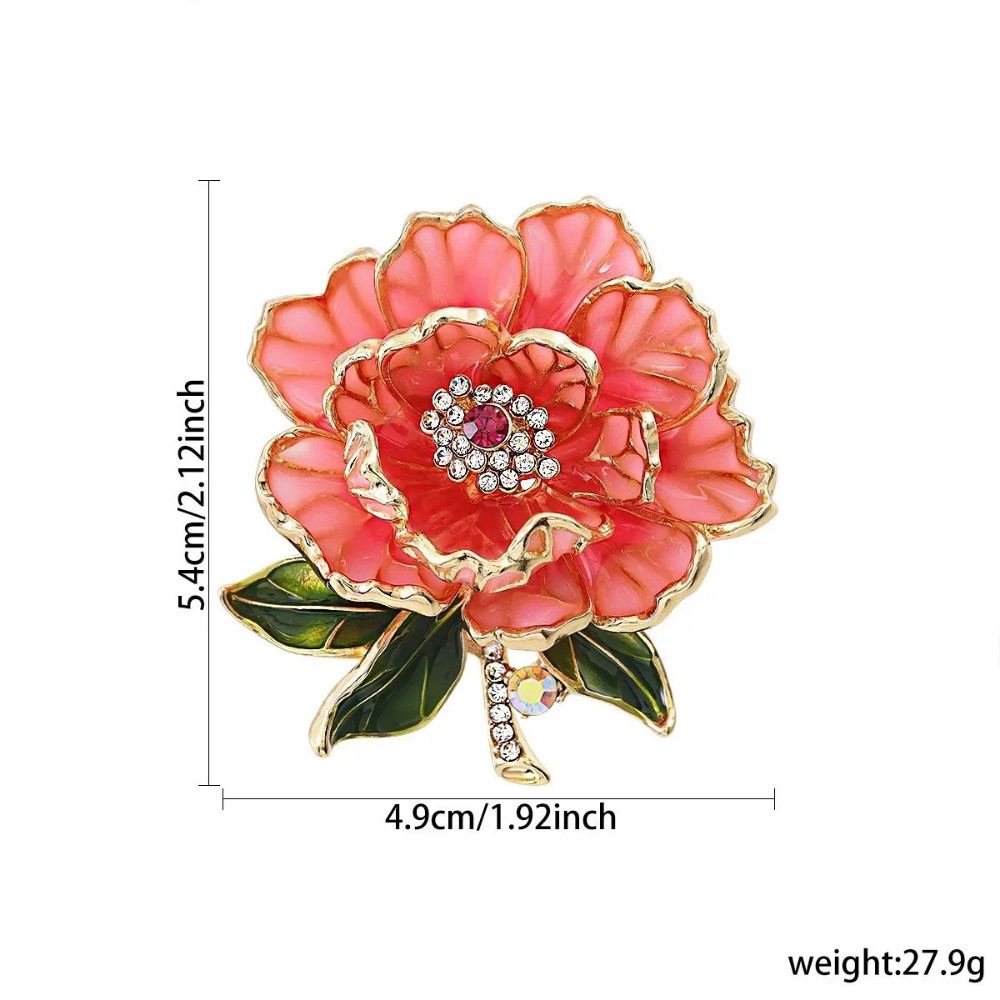 Gold Pink Peony Crystal Flower Brooch Enamel Rhinestone Pin Summer Jewelry Gift