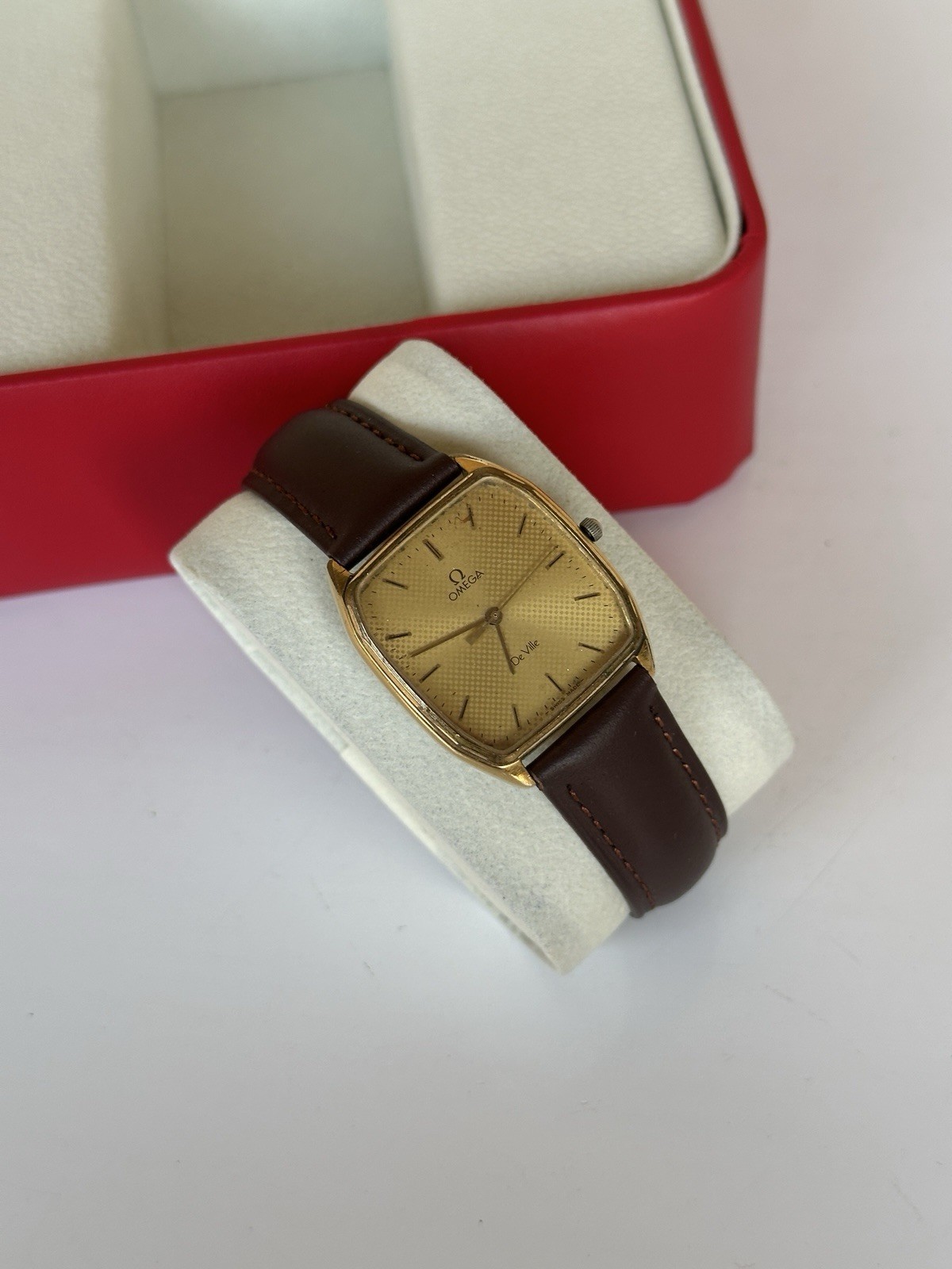 Vintage Omega De Ville 191.0182 Gold Plated Quartz 30x37mm Tapestry Dial Boxed