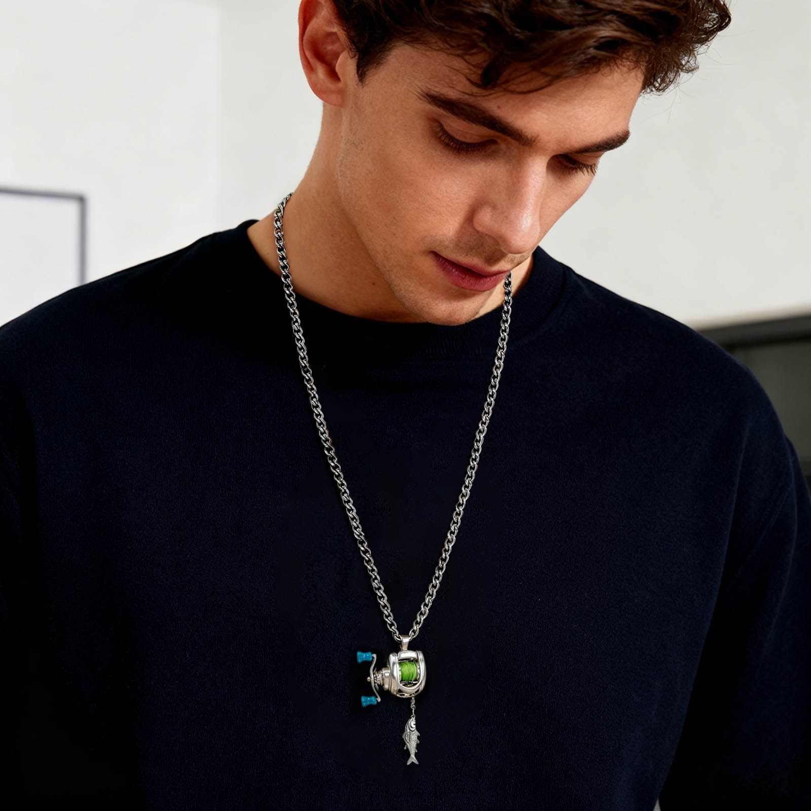 Rotating Handle Fishing Reel Necklace Or Ring Mini Alloy Reels Pendant Necklace