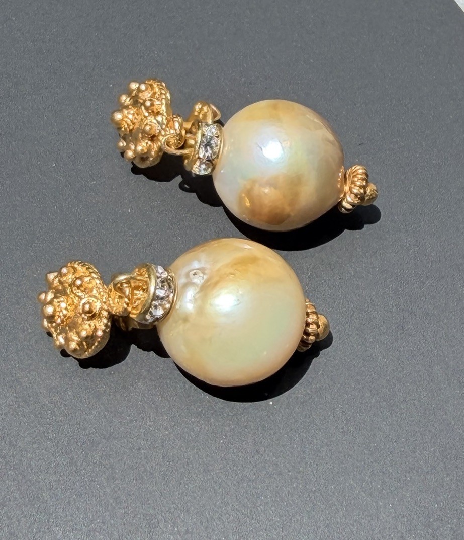 Lustrous Freshwater Baroque 12mm Champagne Pearl Vermeil Drop Earrings with Cz