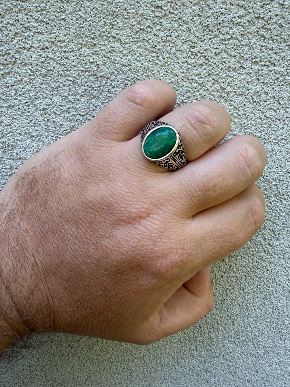 Real Columbian Green Emerald Stone Mens Solid 925 Silver Ring – Oxidized Vintage