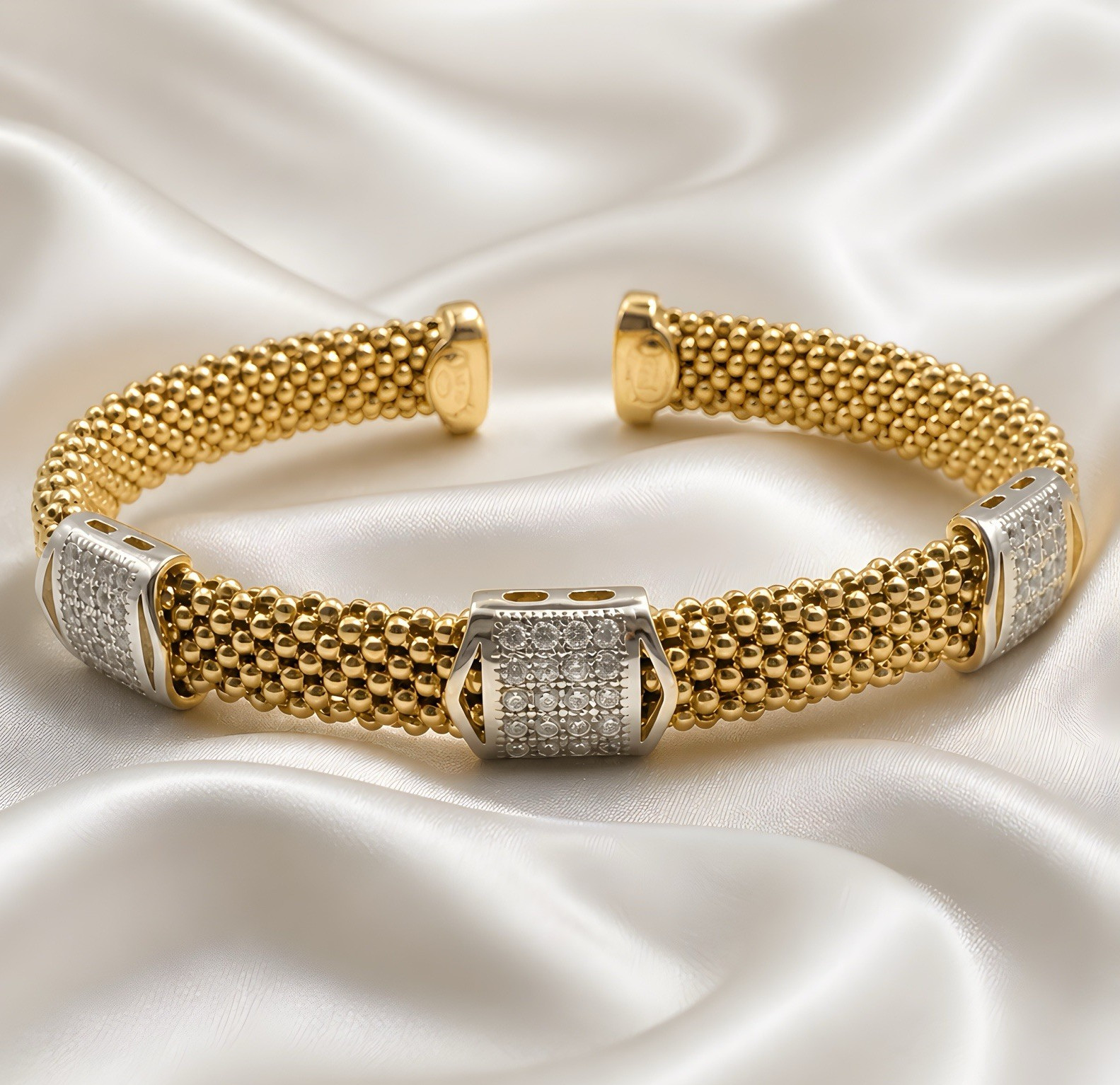 Gold-Tone Metal Beaded Cuff Bangle Bracelet w/ Pavé Clear Round Stones
