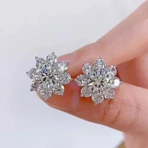 Sparkling Flower Stud Earrings Round Cut Simulated Diamond 14k White Gold Plated