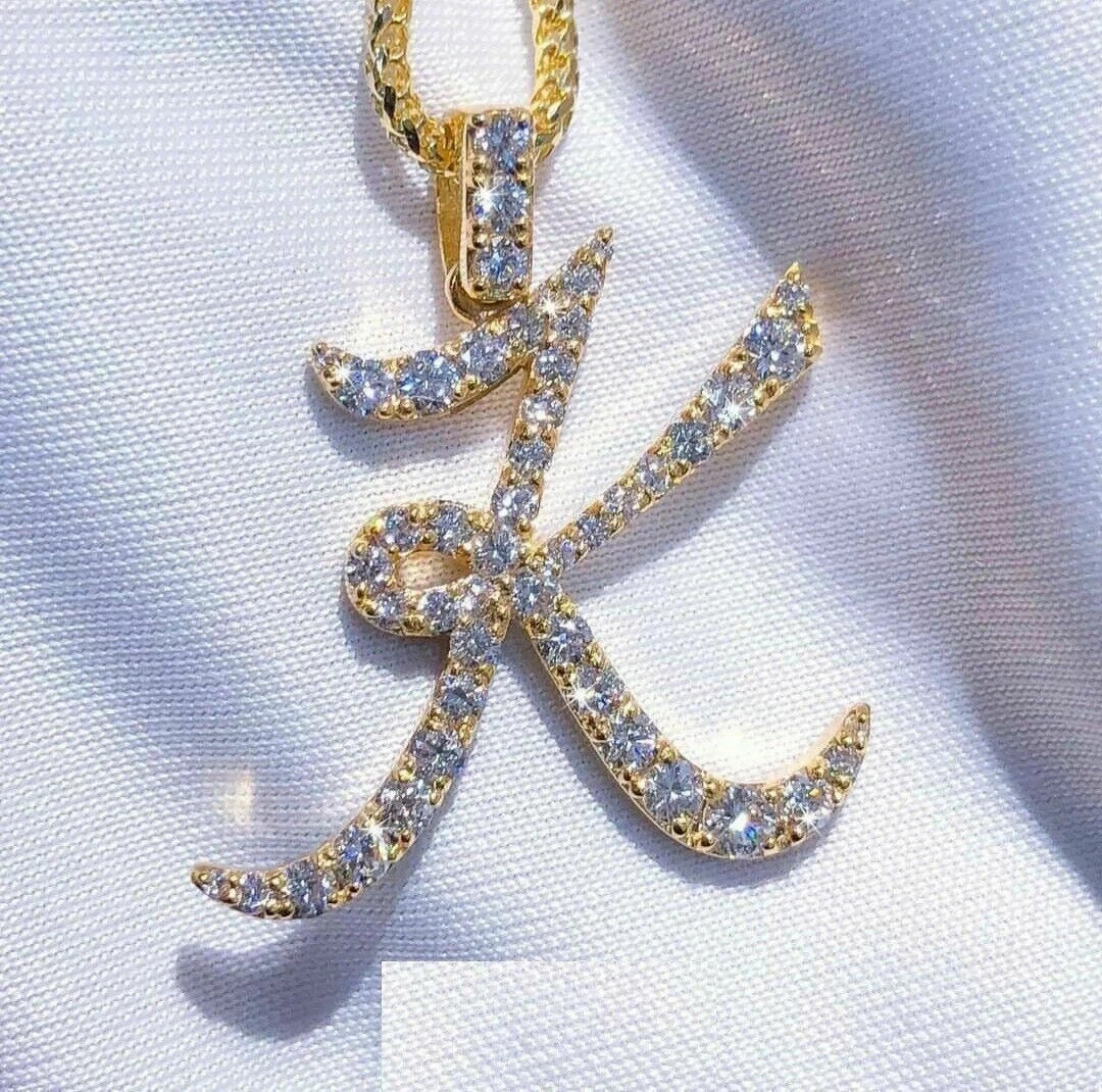 2Ct Round Real Moissanite Men’s Custom K Letter Pendant 14K Yellow Gold Plated
