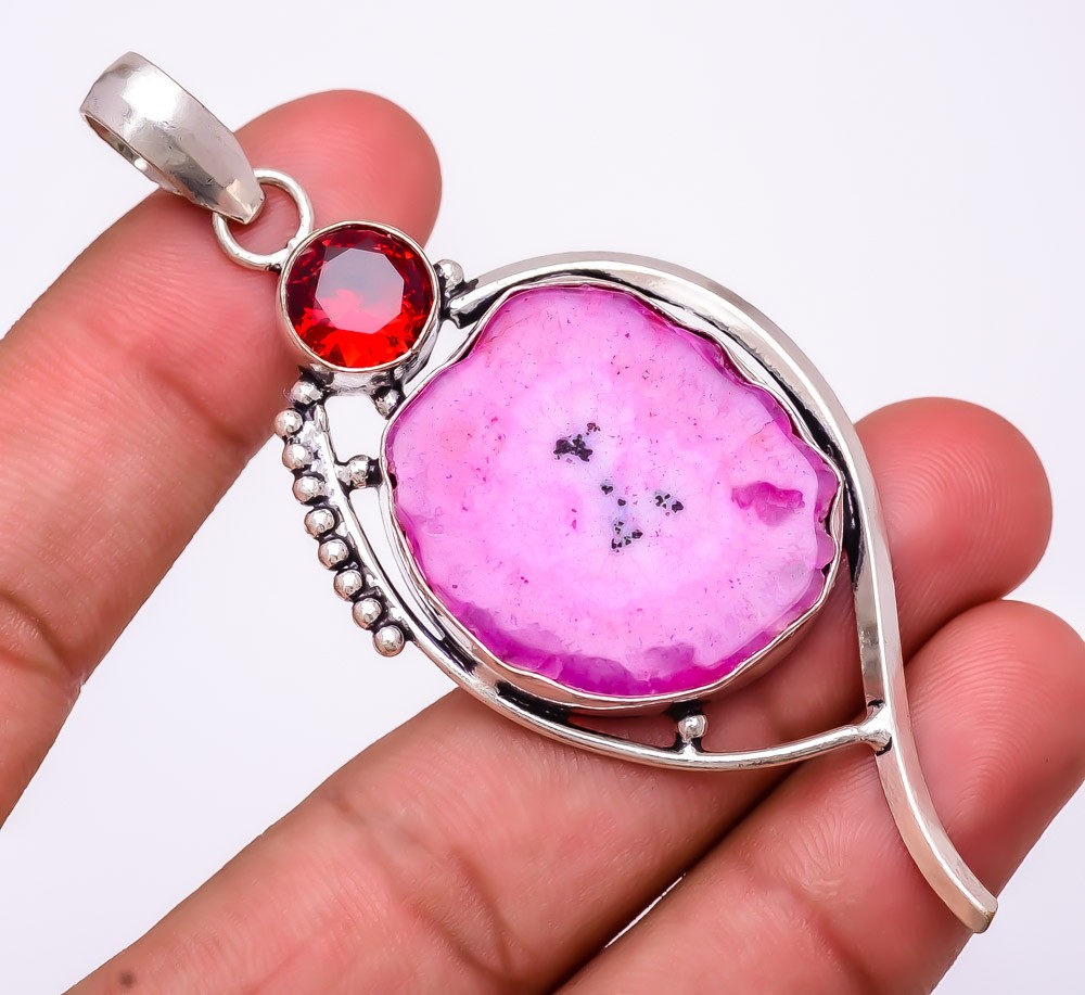 Natural Pink Solar Quartz Drusy & Garnet 925 Silver Plated Pendant 3.2″F2547