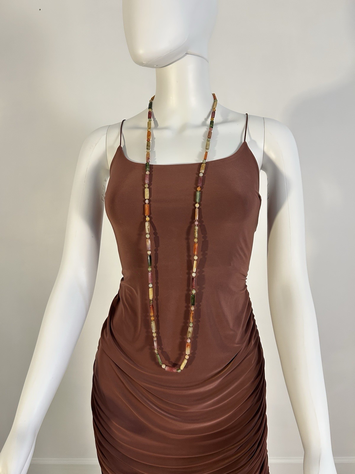 Multicolor Bohemian Stone Beaded Long Statement Necklace, Adjustable Bead Chain