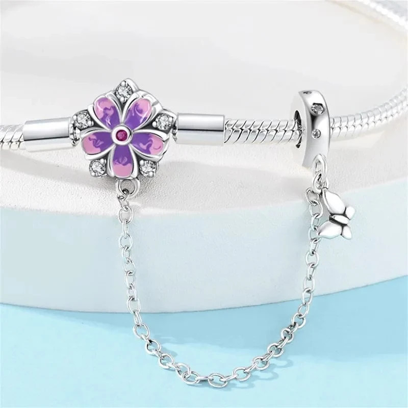 2 PANGAMA SILVER BRACELET PURPLE FLORAL CHARM WITH SAFETY CHAIN + EXTENSION NEW