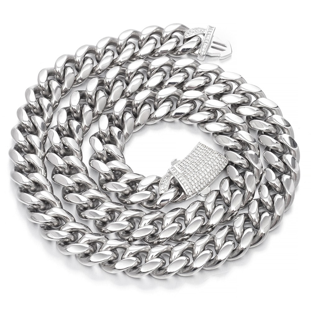 Men’s 8-14mm Stainless Steel Miami Cuban Link Chain Necklace Full Diamonds Lock