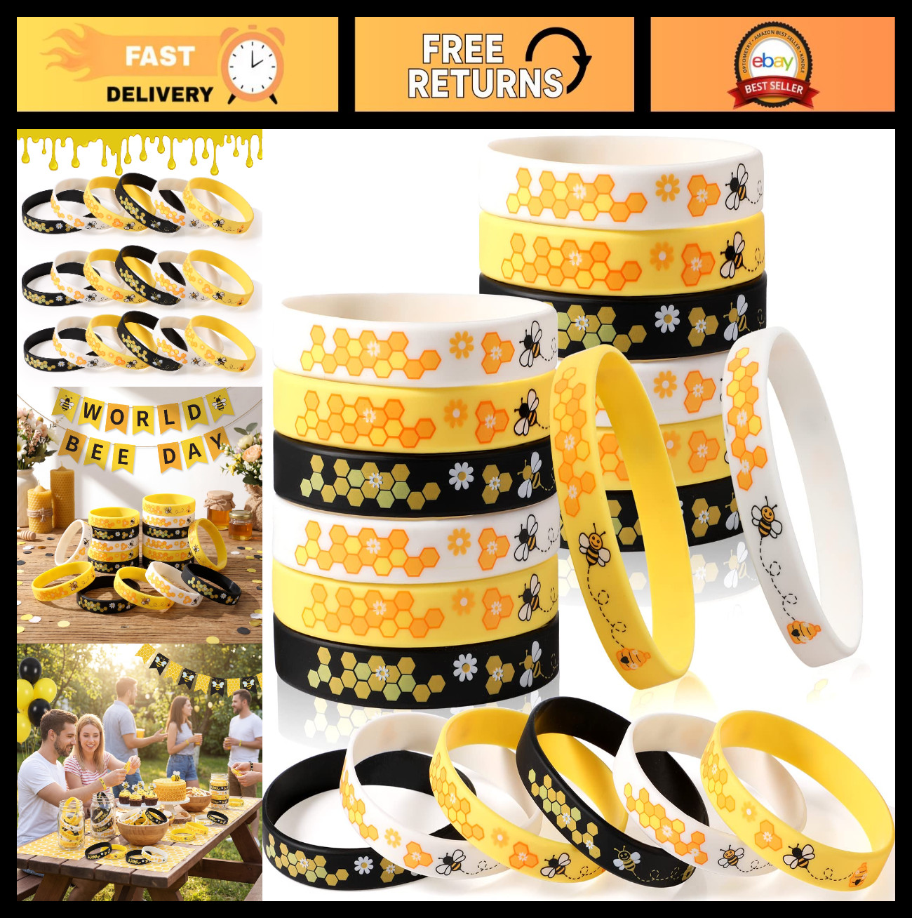 200 Pcs Silicone Bee Bracelets – Adjustable Unisex, Assorted Colors, Durable, Pa