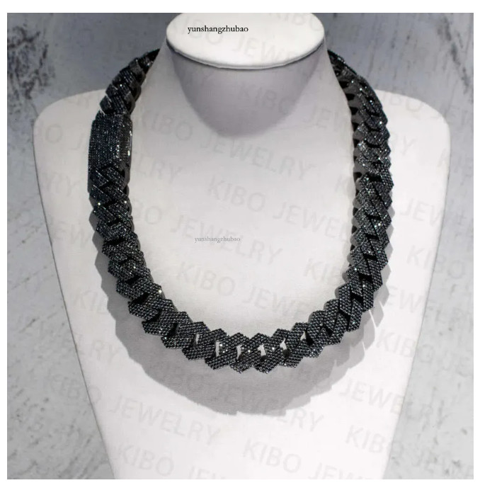 BLACK MOISSANITE 20mm Real Miami Cuban Link Prong Chain Iced Silver Necklace
